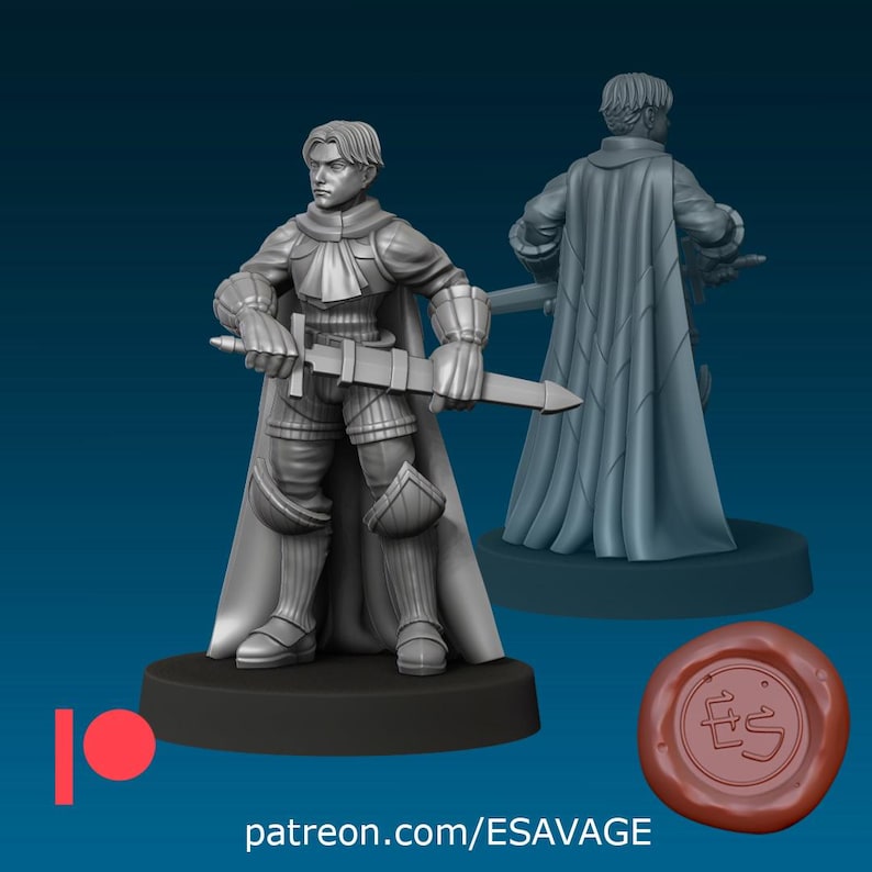 May include: A 3D-printed miniature of a knight in armor, holding a sword. The figure is gray and stands on a black base. A second figure is visible in the background. The image includes the text "patreon.com/ESAVAGE".
