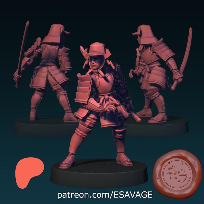 May include: Three reddish-brown 3D-printed samurai figures, each holding a katana. The central figure is in a dynamic pose, with the others behind. The figures are on black bases. The text "patreon.com/ESAVAGE" is visible.