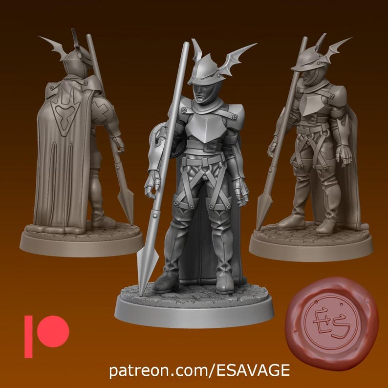 May include: 3D-printed miniature of a knight in armor, holding a spear. The knight wears a helmet with wing-like protrusions and a cape. The figure is on a circular base. The image includes the text "patreon.com/ESAVAGE".
