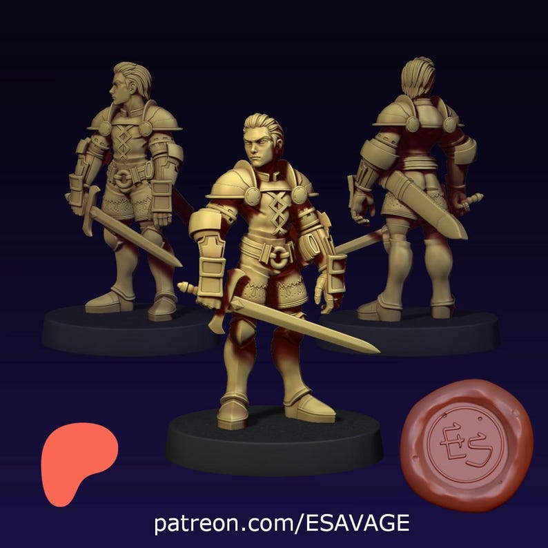 May include: Three beige-colored miniature figurines of a knight in armor, each holding a sword. The knight is posed in different stances, showcasing the front, side, and back views. A red shape and a brown seal with the initials "ES" are also present. The website address "patreon.com/ESAVAGE" is visible.