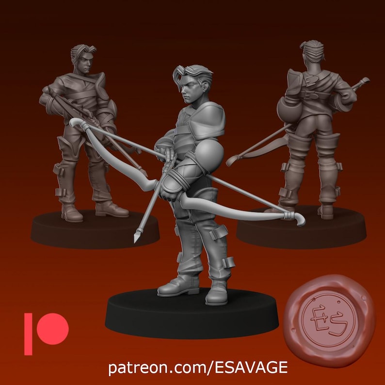 May include: A 3D-printed figurine of an archer in a battle-ready outfit, holding a bow and arrow. The figure is in a dynamic pose, with detailed armor and boots. The base is dark brown, and the background is a gradient of brown. The text "patreon.com/ESAVAGE" is visible.