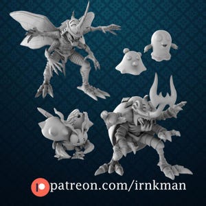 May include: A collection of four grey unpainted miniature figures featuring insectoid creatures with sharp claws, horns, and wings, alongside two small ghost-like spirits. The text patreon.com/irnkman is printed at the bottom of the image.