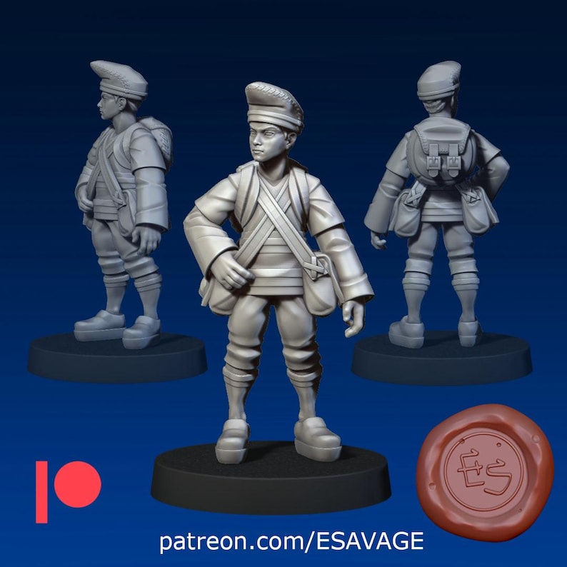 May include: A 3D-printed miniature figure of a person in a historical outfit, with a hat, jacket, and satchel. The figure is standing on a black base. The image includes the text "patreon.com/ESAVAGE" and a logo.