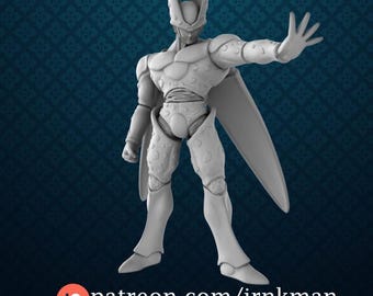 May include: A light gray action figure of a humanoid character with a tall, pointed head and a long, flowing cape. The figure is in a dynamic pose, with one arm outstretched. The figure is standing on a blue patterned surface. The text "patreon.com/irnkman" is at the bottom.