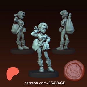 May include: A grey resin miniature figure of a character with short hair, wearing a tunic, boots, and a belt with a sword and a satchel. The character carries a large sack over one shoulder. The image includes a red logo and a wax seal with the text ES.
