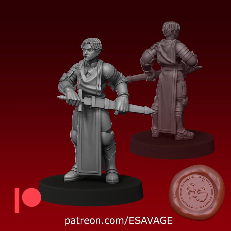 May include: A gray 3D-printed figurine of a knight holding a sword, with a second figurine in the background. The knight is wearing armor and a tunic. The base is black, and the background is a dark red. The text "patreon.com/ESAVAGE" is visible.