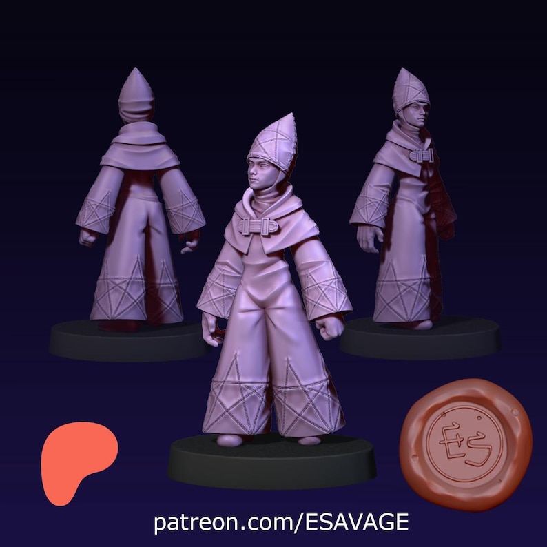 May include: Three 3D-printed figures of a robed character with a pointed hat. The figures are in a light purple color and stand on dark green bases. The robes have star-shaped patterns on the sleeves. The image also includes a red shape and a brown seal with the text "ES". The website address patreon.com/ESAVAGE is at the bottom.