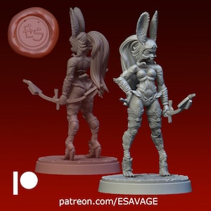 May include: A detailed 3D-printed figurine of a female warrior with bunny ears, holding a bow and arrow. The figure is in a dynamic pose, with intricate armor and a flowing ponytail. The base has the text "patreon.com/ESAVAGE".
