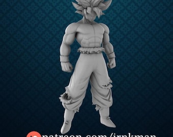 May include: A gray figurine of a muscular character with spiky hair, wearing torn pants and a ruffled waist piece. The figure is posed in a standing position. The text "patreon.com/irnkman" is at the bottom.