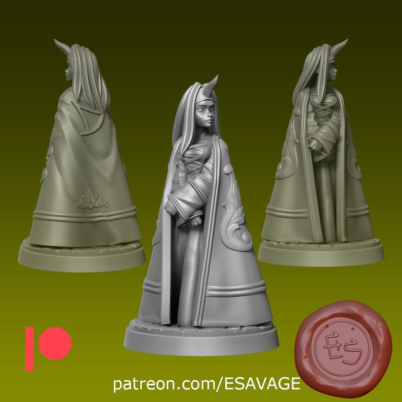 May include: Three-dimensional model of a female figure with horns, wearing a long cloak. The figure is standing on a pedestal. The image includes a red circle and the text "patreon.com/ESAVAGE". A brown wax seal with the letters "ES" is also present.