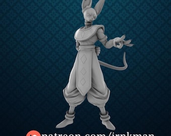 Puede incluir: Una figura gris de un personaje humanoide con forma de gato con orejas grandes, que lleva una túnica con detalles en forma de diamante. El personaje posa con una mano extendida. La imagen incluye el texto "patreon.com/irnkman".