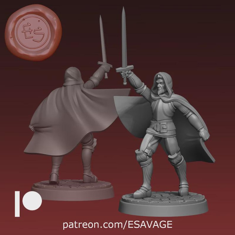 K&ouml;nnte beinhalten: Graue Miniaturfigur eines mittelalterlichen Ritters, der zwei Schwerter h&auml;lt und einen Kapuzenmantel und R&uuml;stung tr&auml;gt. Die Figur steht auf einem strukturierten Sockel. Ein Wachssiegel mit den Initialen "ES" befindet sich in der oberen linken Ecke. Der Text "patreon.com/ESAVAGE" steht unten.