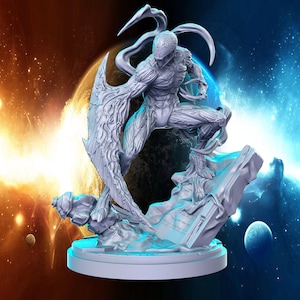 May include: A light grey figurine of a humanoid figure with a textured, vein-like design. The figure is posed dynamically, with a large, wing-like structure extending from its back. It stands on a rocky base, set against a space-themed backdrop.