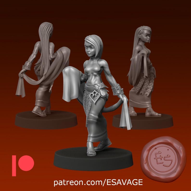 May include: 3D-printed figurines of a female character in various poses, holding fabric. The figures are in a neutral color, with detailed clothing and accessories. The base is a dark brown color. The image includes the text "patreon.com/ESAVAGE".