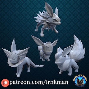 Op de afbeelding: Een set van vier ongeverfde lichtgrijze 3D-geprinte figuren die verschillende wezensvormen voorstellen met puntige oren, stekelige kragen en bossige staarten. De tekst patreon.com/irnkman en Irnkman's Minis met een kattenlogo zijn onderaan zichtbaar.