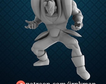 May include: A gray figurine of a muscular character in a dynamic pose. The figure has a distinctive hairstyle, large shoulder pads, and boots. The text "patreon.com/irnkman" is at the bottom.