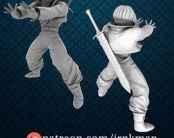 May include: Two gray figurines of a character in a dynamic pose, one with a sword. The figures are wearing a jacket, pants, and boots. The text "patreon.com/irnkman" is at the bottom.