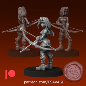May include: 3D-printed figurine of a female archer with a bow and arrow. The figure is in a dynamic pose, wearing armor and boots. The image includes two additional figures in the background and the text "patreon.com/ESAVAGE".