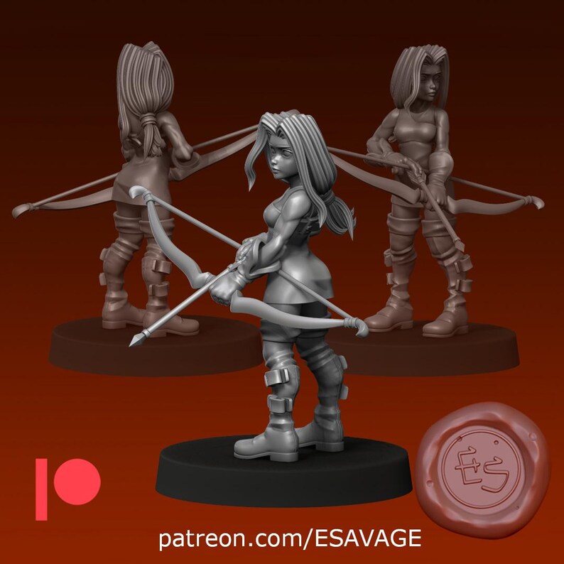 May include: 3D-printed figurine of a female archer with a bow and arrow. The figure is in a dynamic pose, wearing armor and boots. The image includes two additional figures in the background and the text "patreon.com/ESAVAGE".