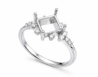 8mm Square Ring Setting, Diamond Accent Engagement Ring Mount, Solid Silver Rhodium Semi Mount Promise Ring