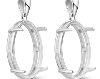 Solid 925 sterling Silver Oval Bezel Blank Pendant For Prong Setting : Coin Connector Setting 4 prong Pendant