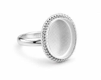 925 Sterling Silver Oval Rope Bezel Ring Blank, Cabochon Ring Base, Silver Rhodium Ring Setting, DIY Gemstone Jewelry Making