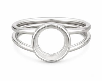 Double Band Bezel Ring Setting, Round Cabochon Ring Mount, Sterling Silver Blank Ring Base, Stackable Open Circle Ring, DIY Jewelry Setting