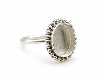 Sterling Silver Oval Bezel Ring Blank | Beaded Edge Cabochon Ring Setting |  DIY Gemstone Ring Mount | Oval Jewelry Making Supply