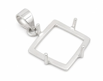 925 Sterling Silver Square Pendant Setting, Empty Gemstone Mount, Square Prong Pendant Blank, DIY Jewelry Making Finding, Custom Stone