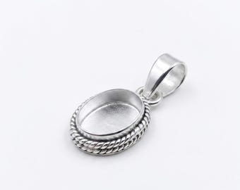925 Sterling Silver Oval Pendant Blank Tray | Rope Edge Cabochon Bezel Setting | DIY Jewelry Making Pendant Base | Oval Necklace Charm Mount