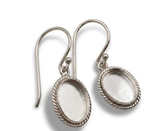 925 Sterling Silver Oval Bezel Earring Blanks, Rope Edge Cabochon Settings, French Hook Dangle Earrings, DIY Jewelry Making Supplies