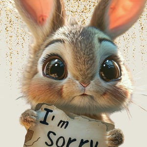 Pode incluir: Ilustração digital de um coelhinho fofo com olhos grandes, segurando uma placa com a frase "I'm Sorry my" e um coração negro. O fundo é decorado com glitter dourado. A pelagem do coelho é marrom e cinza.