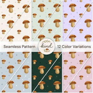 May include: A seamless pattern design with repeating illustrations of brown mushrooms on pastel backgrounds. The image includes the text "Seamless Pattern" and "12 Color Variations". A circular logo with the word "kind" and a mushroom illustration is also present.