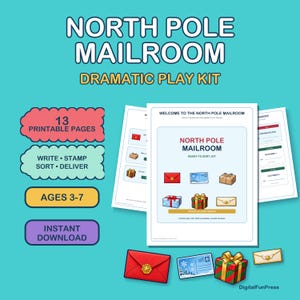 Może przedstawiać: Zestaw do zabawy w North Pole Mailroom zawierający 13 stron do druku z tekstem North Pole Mailroom, Ready to Sort Joy oraz Special Delivery Service. Zestaw zawiera ilustracje kopert i prezentów na turkusowym tle.