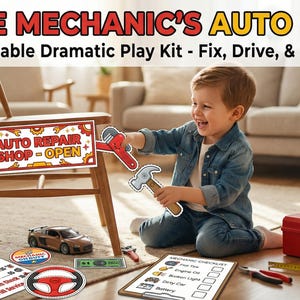 Puede incluir: Un niño juega con un kit de reparación de automóviles de juguete. El kit incluye una caja de herramientas roja, herramientas de juguete, un volante y un letrero que dice "Auto Repair Shop - Open". El texto "Little Mechanic's Auto Shop!" está en la parte superior.