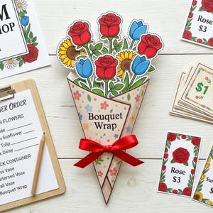 May include: A colorful illustration of a flower shop display. It includes a bouquet of red roses, yellow sunflowers, and blue tulips in a decorative wrap. There are also order forms, price tags, and play money.