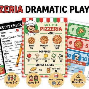 Pizzeria Dramatic Play Kit, Pizza Shop Pretend Play Printable, Build a Pizza Activity, Kids Menu & Play Money PDF