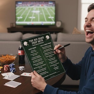 May include: A person laughing while holding a green game sheet titled "The Big Game Prop Bets." The sheet lists various prop bets. Poker chips, playing cards, popcorn, and snacks are on the table. A television displays a football field.
