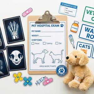 May include: A pet hospital exam kit featuring a plush puppy, X-ray cards, and signs. The kit includes a clipboard, stickers, and a plush puppy with a bandage. Signs read "Vet Clinic Open", "Waiting Room", "Cats", and "Dogs".