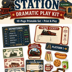 Peut inclure: Un kit de jeu dramatique de gare ferroviaire imprimable de 10 pages comprenant un tableau des départs, des billets de train, des dollars ferroviaires, un badge de chef de train, un pass de gare, des aliments et des panneaux avec le texte Train Station.