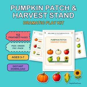 Può includere: Un kit di gioco drammatico stampabile intitolato PUMPKIN PATCH & HARVEST STAND con 12 pagine. Include fogli con illustrazioni di zucche, mele, mais e girasoli, oltre a testi come PICK, ORDER, PAY, PACK e AGES 3-7.