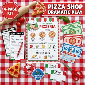 May include: A pizza shop dramatic play kit with a red and white checkered background. Includes a menu, play money, guest checks, pizza slices, and a rolling pin. The menu lists pizza sizes and toppings.
