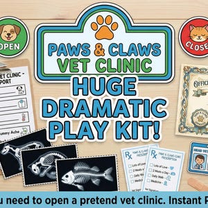 May include: A pretend vet clinic play kit with a plush puppy, patient report, X-rays, adoption certificate, and prescription pads. The kit includes signs that say "Open" and "Closed". The sign says "Paws & Claws Vet Clinic".