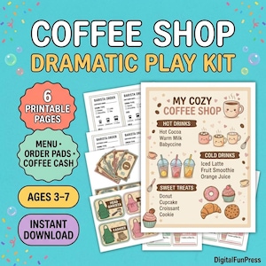 May include: A printable coffee shop dramatic play kit featuring a menu titled My Cozy Coffee Shop, barista order pads, play money, and role-play badges. The set includes six pages with illustrations of drinks, treats, and text on a teal background.