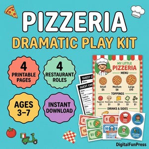 May include: A Pizzeria Dramatic Play Kit featuring printable pages, restaurant roles, and a menu titled My Little Pizzeria. Includes guest checks, play money, and role badges for ages 3-7. The design features pizza graphics, a chef hat, and a scooter.