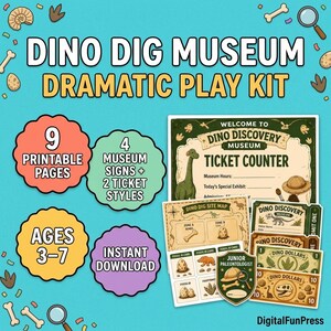 Pode incluir: Um kit de brincadeira dramática Dino Dig Museum com 9 páginas imprimíveis, 4 placas de museu, 2 estilos de bilhetes e uma placa de bilheteria Dino Discovery Museum. Inclui um mapa do local, cartões de identificação de fósseis e Dino Dollars.