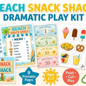 May include: A Beach Snack Shack dramatic play kit featuring nine printable pages including a surf rental list, menu, play money, food illustrations, and signs. The kit includes text such as Beach Snack Shack, Surf Rental List, and Lifeguard.