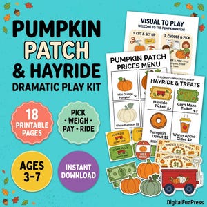 Puede incluir: Un kit de juego dramático Pumpkin Patch and Hayride con 18 páginas imprimibles, que incluye un menú de precios, boletos de juego, dinero de juguete y recortes de calabazas, un vagón rojo y comida. El texto incluye Pumpkin Patch and Hayride.