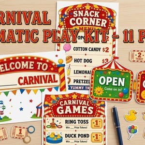 May include: A carnival dramatic play kit featuring 11 pages of printed signs, including a Welcome to Carnival sign, a Snack Corner menu, and Open and Closed signs. The set includes paper tickets, game signs, and small cutouts of ducks and balloons.
