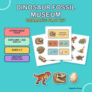 Könnte beinhalten: Ein Dinosaur Fossil Museum Rollenspiel-Set mit 8 druckbaren Seiten, die Illustrationen von Dinosaurierskeletten, Fossilien, Eiern und verschiedenen Dinosauriern zeigen. Das Set enthält Beschriftungen für Ausgrabungen, Ausstellungen und ein Labor.